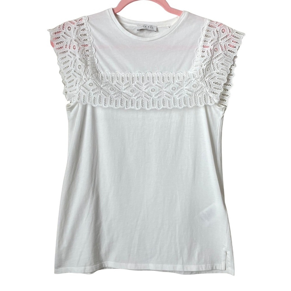 Sandro Top Womens 1 Small White Crochet Lace Cap Sleeve Minimalist Quiet Luxury